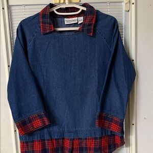 Country Road Blue Denim Hoodie with Red Plaid Trim, layered look